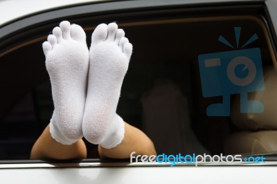 Woman Relaxing In Her Car Stock Photo