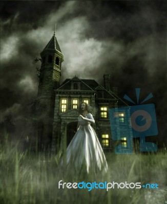 Woman Running Away From A Haunted House,3d Illustration Stock Image