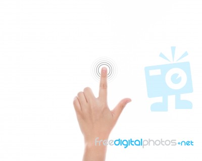 Woman s Hand pressing Touch Screen Stock Photo