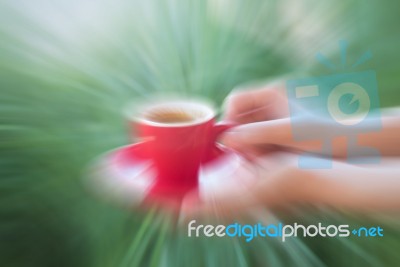 Woman Serve Red Cup Of Coffee Stock Photo