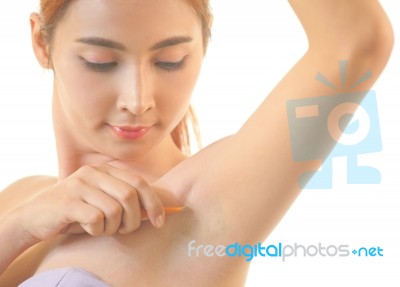 Woman Shaving Armpit With Razor Isolated Stock Photo