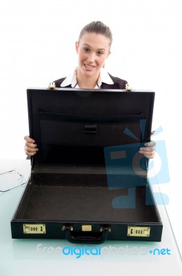 Woman Showing Suitcase Stock Photo