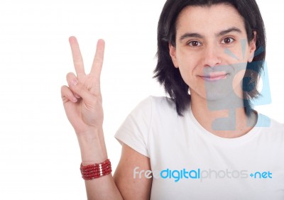 Woman Showing Victory Sign Stock Photo