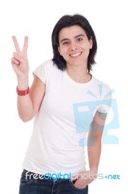 Woman Showing Victory Sign Stock Photo