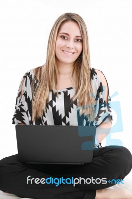 Woman Sitting With Laptop Stock Photo