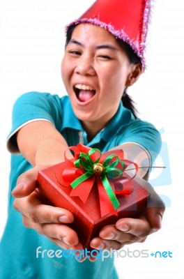 Woman Smile And Hold Gift Box In Hands Stock Photo