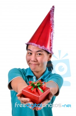 Woman Smile And Hold Gift Box In Hands Stock Photo