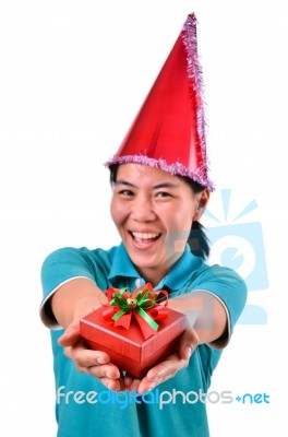 Woman Smile And Hold Gift Box In Hands Stock Photo