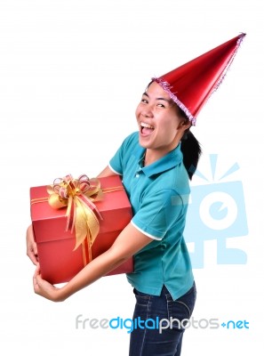 Woman Smile And Hold Gift Box In Hands Stock Photo