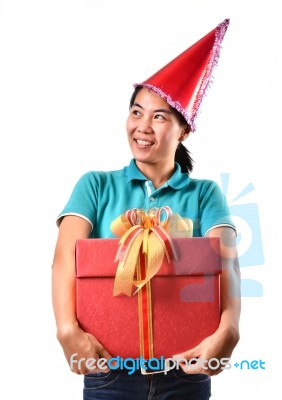 Woman Smile And Hold Gift Box In Hands Stock Photo