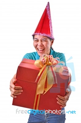 Woman Smile And Hold Gift Box In Hands Stock Photo