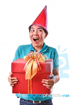 Woman Smile And Hold Gift Box In Hands Stock Photo