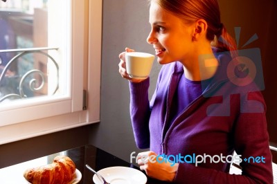 Woman Taking Breakfast Stock Photo