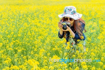 Woman Taking Photos At A Rapeseed Flowers Stock Photo