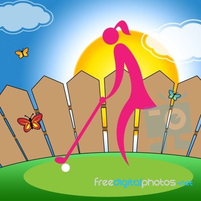 Woman Teeing Off Shows Golf Course Lady Professional Stock Image