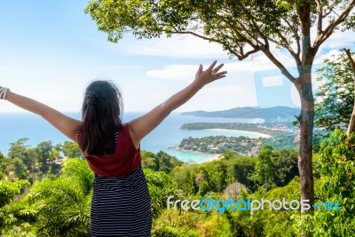 Woman Tourist Happy Gestures On High Scenic View Stock Photo