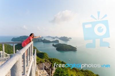 Woman Tourist On Peak Viewpoint Of Island Stock Photo