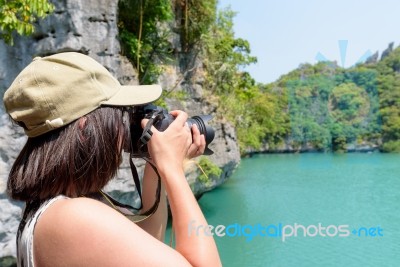 Woman Tourist Taking Photos Thale Nai Stock Photo