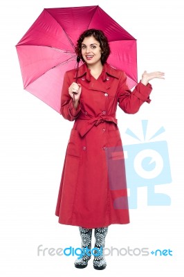 Woman Under Umbrella Trying To Feel Rain Stock Photo