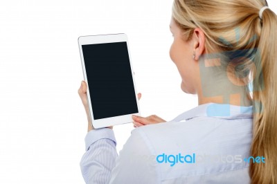 Woman Using Brand New Tablet Pc Stock Photo