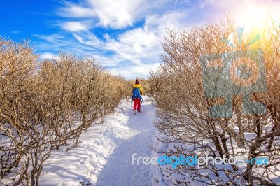 Woman Walking On Trail With Snow In Mountains Stock Photo