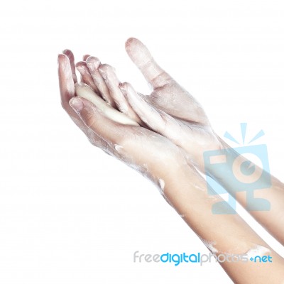 Woman Washes Her Hands. Pictured Female Hands In Soapsuds. Isola… Stock Photo