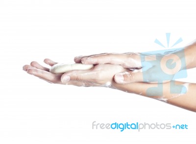 Woman Washes Her Hands. Pictured Female Hands In Soapsuds. Isola… Stock Photo