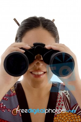 Woman Watching Through Binocular Stock Photo