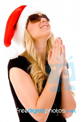 Woman Wearing Christmas Hat Stock Photo