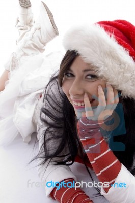 Woman Wearing Christmas Hat Stock Photo