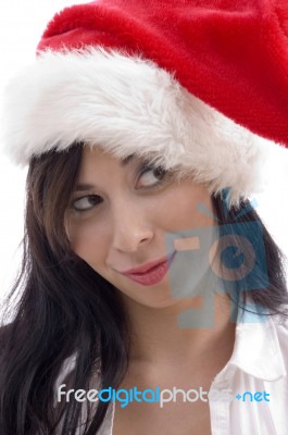 Woman Wearing Christmas Hat Stock Photo