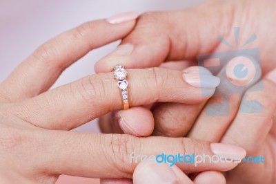 Woman Wearing Engagement Ring Stock Photo