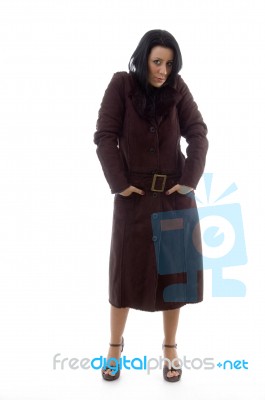 Woman Wearing Sheepskin Coat Stock Photo