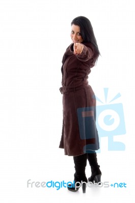 Woman Wearing Sheepskin Coat Stock Photo