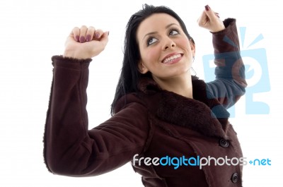 Woman Wearing Sheepskin Coat Stock Photo