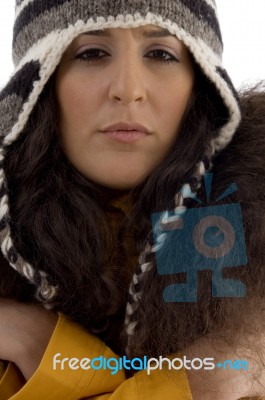 Woman Wearing Woolen Cap Feeling Cold Stock Photo