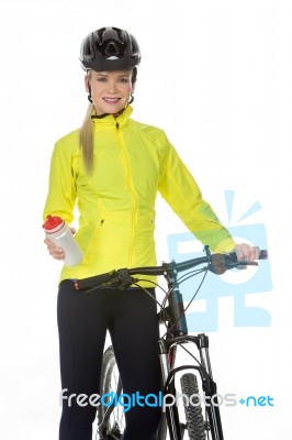 Woman With Bike Drinking Water Stock Photo