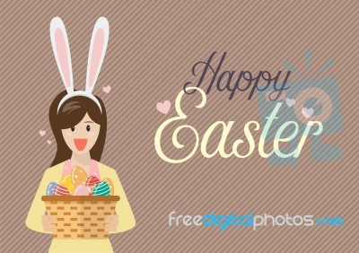 Woman With Bunny Ears Mask Holding Easter Eggs In Basket Stock Image