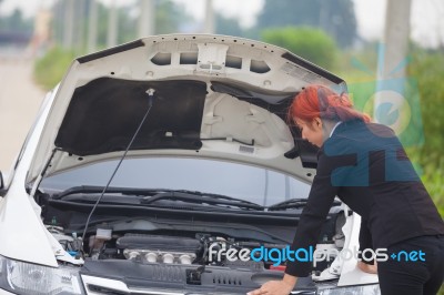 Woman With Car Broke Down Stock Photo