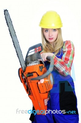 Woman With Chainsaw Stock Photo