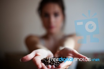 Woman With Coffee Cup On Ceramic Table And Mobile Phone Stock Photo