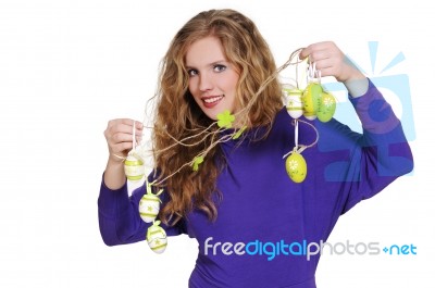 Woman With Easter Eggs Stock Photo