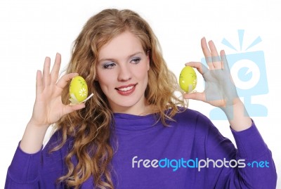 Woman With Easter Eggs Stock Photo