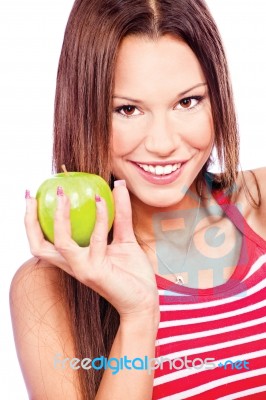 Woman With Green Apple Stock Photo