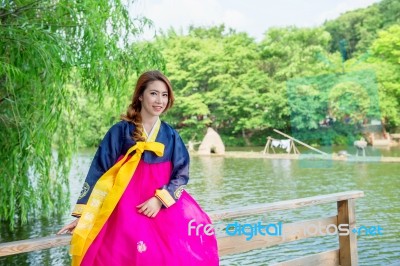 Woman With Hanbok,the Traditional Korean Dress Stock Photo