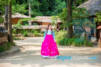 Woman With Hanbok,the Traditional Korean Dress Stock Photo