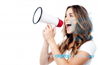 Woman With Mega Phone, Listen To Me! Stock Photo