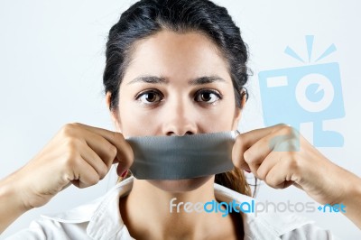 Woman With Mouth Covered With Tape. Concept Of Forbidden Opinion… Stock Photo