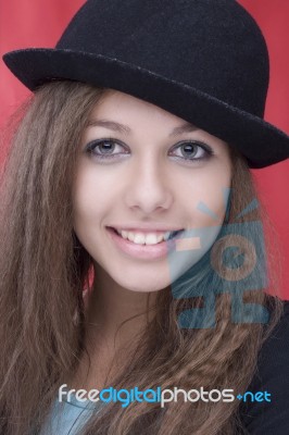 Woman Wth Beautiful Smile And Hat Stock Photo