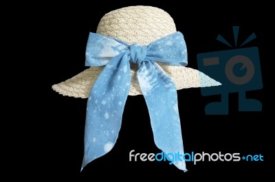 Women Brimmed Hat With Indigo Dye Ribbon Isolated On Black Background Stock Photo